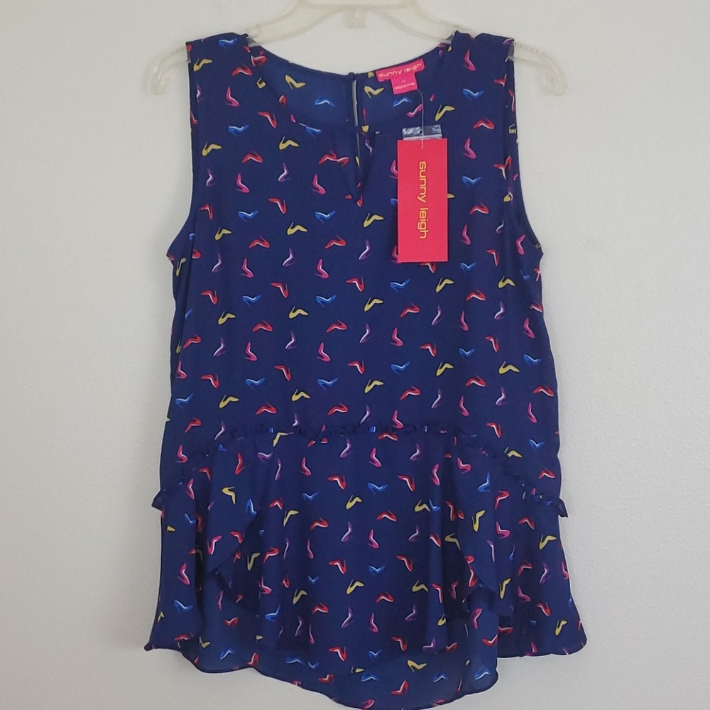 NWT Sunny Leigh Navy High Heels Print Sleeveless Top M - Picture 1 of 13